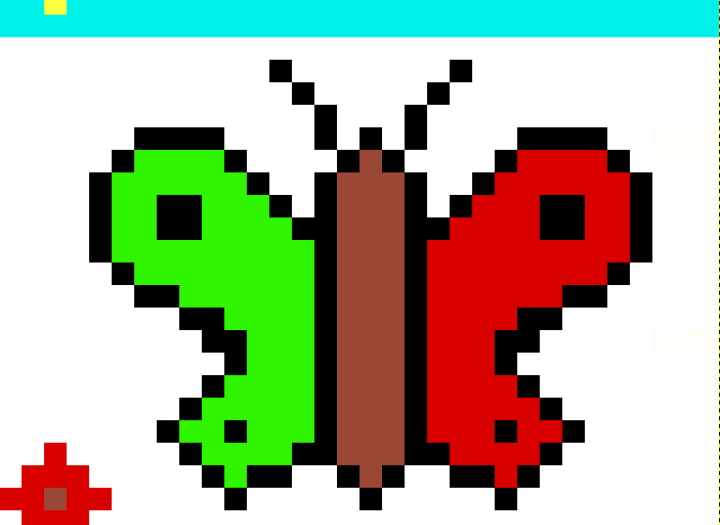 Papillon coloré avec aile gauche verte et aile droite rouge sous un ciel ensoleillé avec un nuage. En bas à gauche un petit coqulicot est présent.